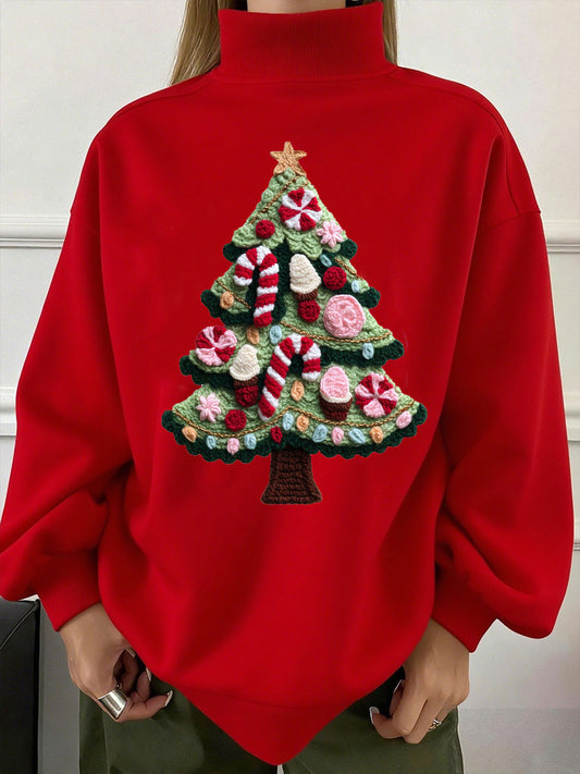 Sweat-shirt Femme Arbre de Noël Imprimé à Col Haut