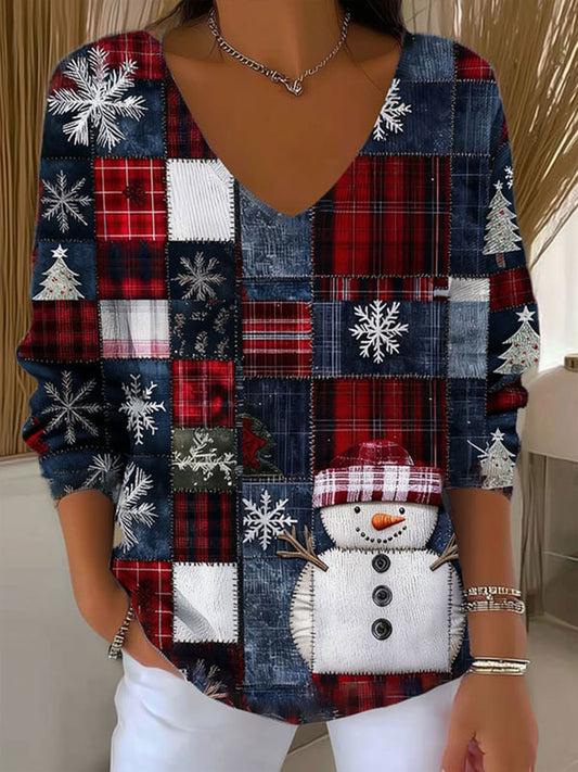 Haut côtelé de Noël de bonhomme de neige des femmes V-Neck
