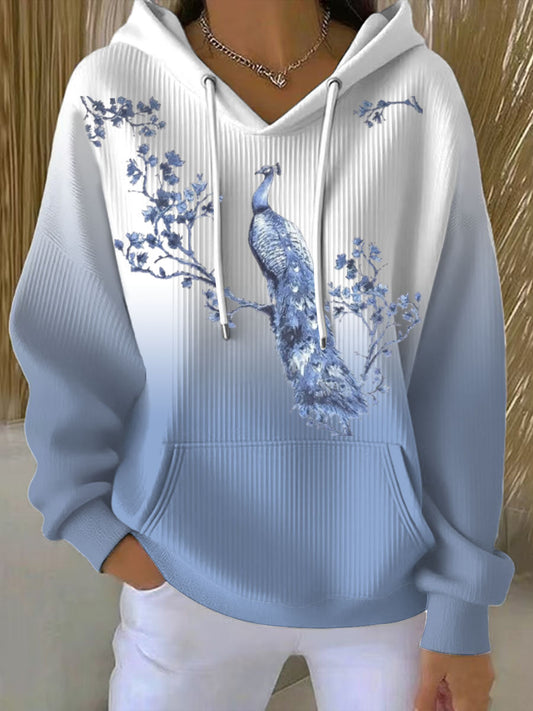 Sweat à capuche gracieux imprimé paon pour femme