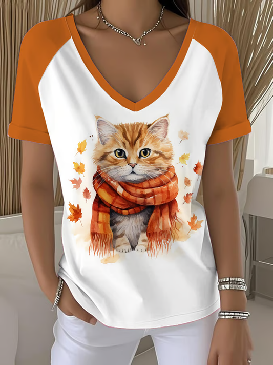 T-shirt à manches courtes automne chat col V épaules dénudées pour femmes