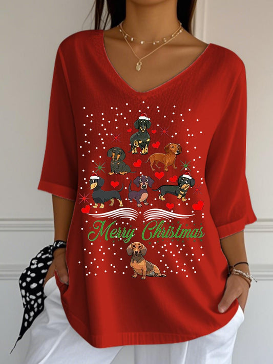 Teckel de Noël Arbre de Noël V-Neck Demi-manches T-shirt
