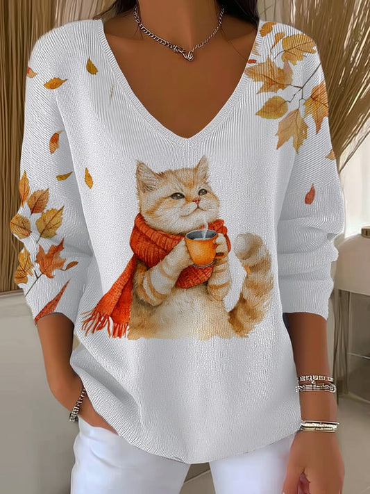 Top côtelé à encolure en V pour femme automne chat