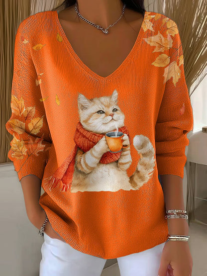 Top côtelé à encolure en V pour femme automne chat