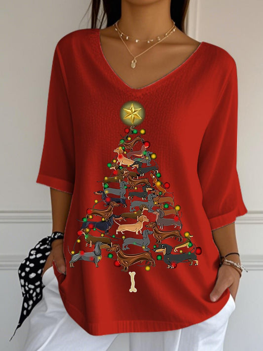 Teckel de Noël Arbre de Noël V-Neck Demi-manches T-shirt