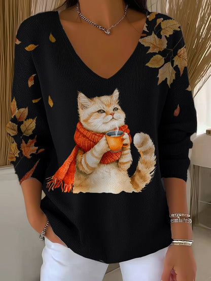 Top côtelé à encolure en V pour femme automne chat