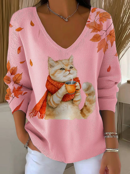 Top côtelé à encolure en V pour femme automne chat