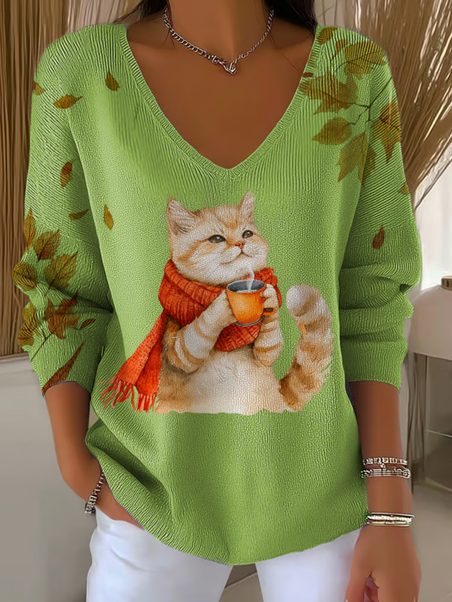 Top côtelé à encolure en V pour femme automne chat