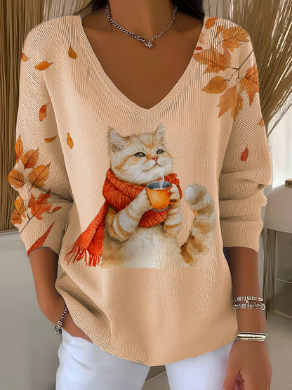Top côtelé à encolure en V pour femme automne chat