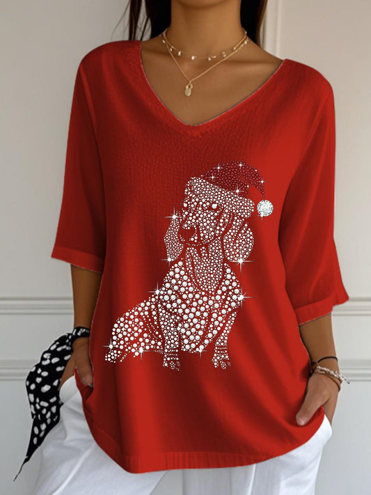 T-shirt à manches courtes à col en V avec teckel diamant de Noël pour femmes