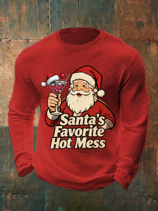 Drôle de Noël préféré des hommes de Santa Hot Mess Casual Waffle à manches longues Top