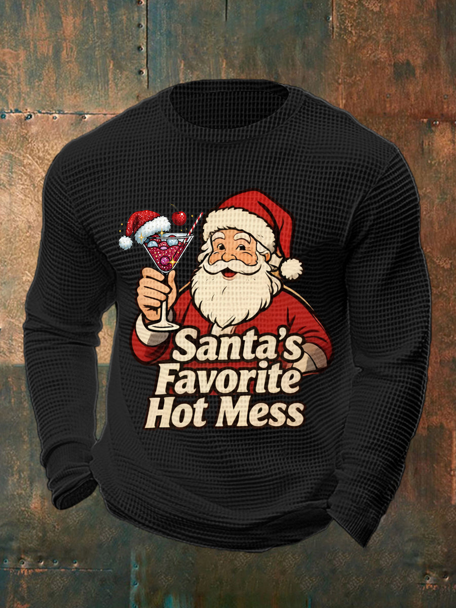 Drôle de Noël préféré des hommes de Santa Hot Mess Casual Waffle à manches longues Top