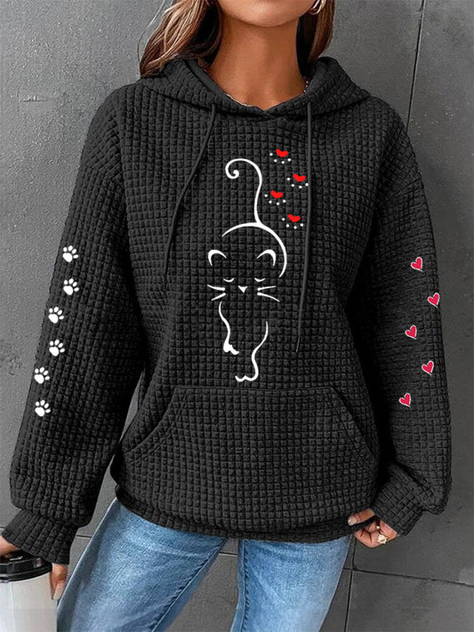 Coeurs de patte de chat mignon femmes Imprimer Cat Lovers Casual Waffle Hoodie