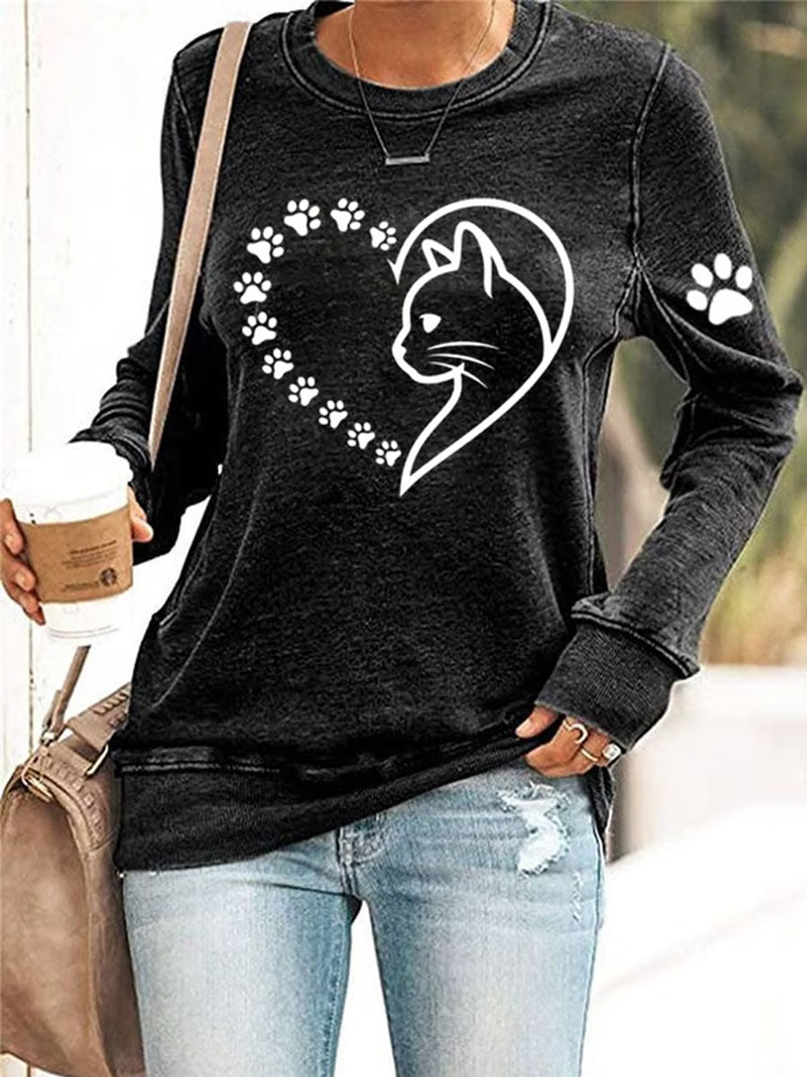 Femmes Mignon Cat Paws Coeur Imprimer Cat Lovers Casual Sweatshirt