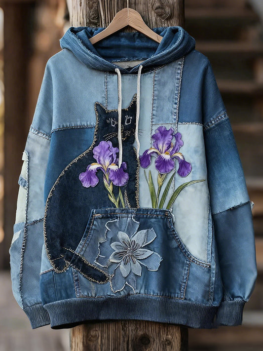 Hoodies à Imprimé Chat Noir Femme