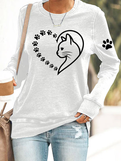 Femmes Mignon Cat Paws Coeur Imprimer Cat Lovers Casual Sweatshirt