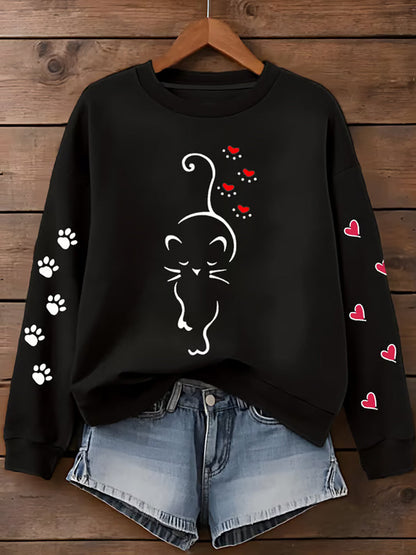 Femmes Mignon Chat Patte Coeurs Imprimer Cat Lovers Casual Sweatshirt