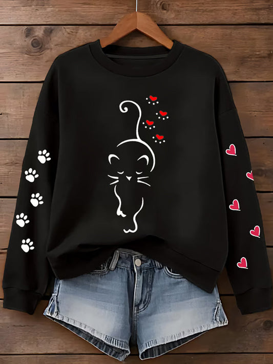 Femmes Mignon Chat Patte Coeurs Imprimer Cat Lovers Casual Sweatshirt