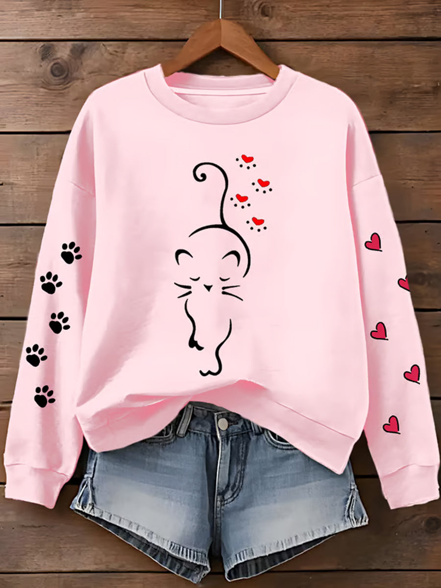 Femmes Mignon Chat Patte Coeurs Imprimer Cat Lovers Casual Sweatshirt