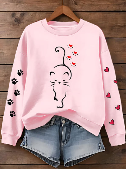 Femmes Mignon Chat Patte Coeurs Imprimer Cat Lovers Casual Sweatshirt