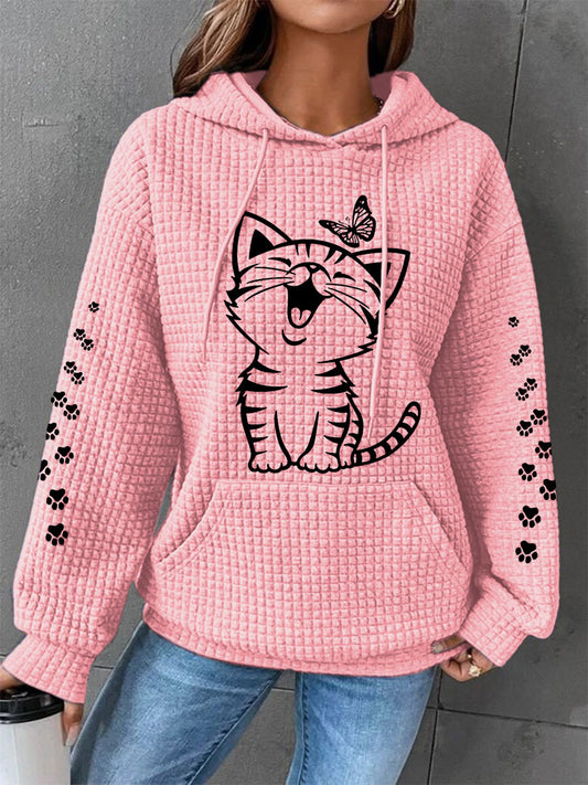 Femmes Mignon Chat Imprimé Chat Amoureux Chat Maman Casual Gaufre À Capuche