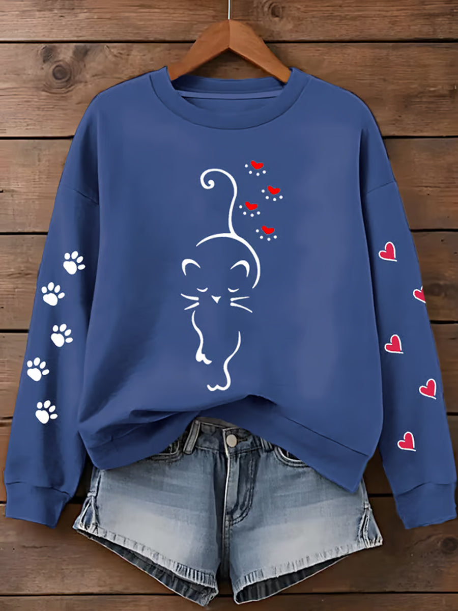 Femmes Mignon Chat Patte Coeurs Imprimer Cat Lovers Casual Sweatshirt