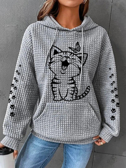 Femmes Mignon Chat Imprimé Chat Amoureux Chat Maman Casual Gaufre À Capuche