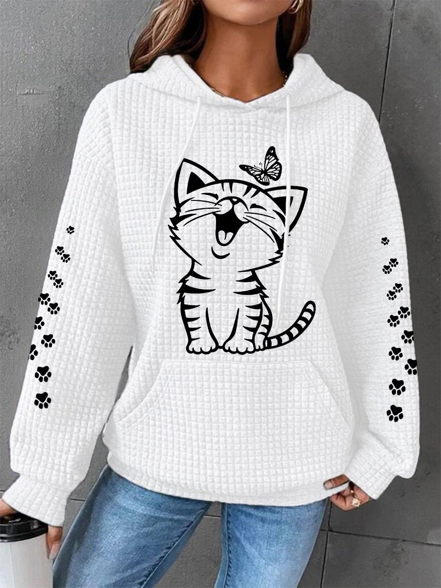 Femmes Mignon Chat Imprimé Chat Amoureux Chat Maman Casual Gaufre À Capuche