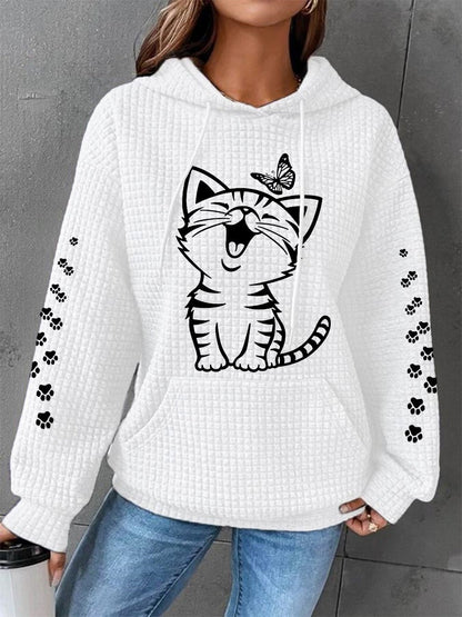 Femmes Mignon Chat Imprimé Chat Amoureux Chat Maman Casual Gaufre À Capuche