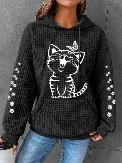 Femmes Mignon Chat Imprimé Chat Amoureux Chat Maman Casual Gaufre À Capuche