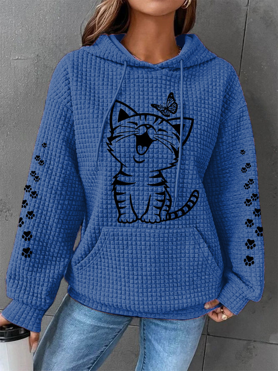 Femmes Mignon Chat Imprimé Chat Amoureux Chat Maman Casual Gaufre À Capuche