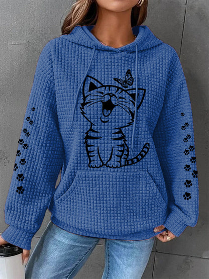 Femmes Mignon Chat Imprimé Chat Amoureux Chat Maman Casual Gaufre À Capuche