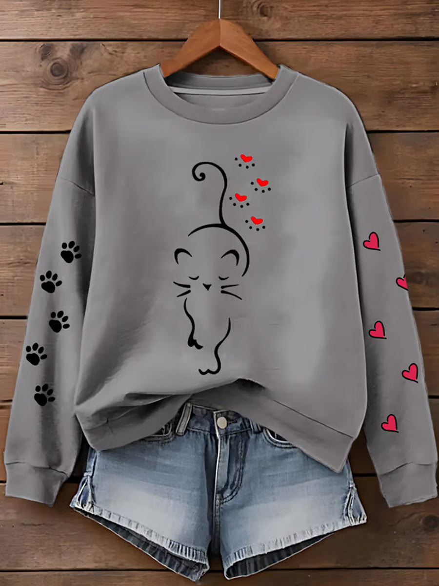 Femmes Mignon Chat Patte Coeurs Imprimer Cat Lovers Casual Sweatshirt