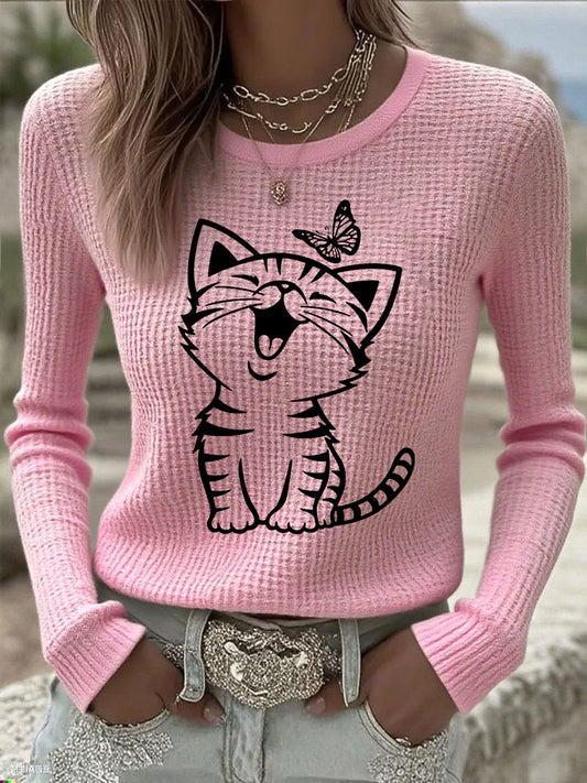 Femmes Mignon Chat Imprimé Chat Amoureux Décontracté à Manches Longues Waffle Top