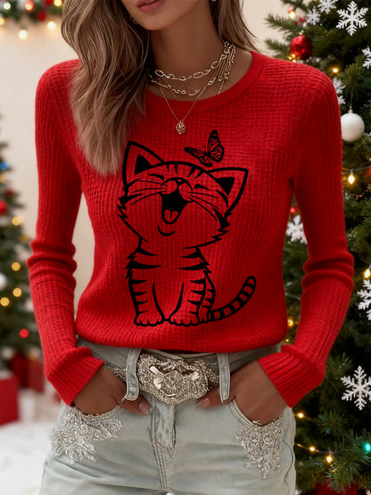Femmes Mignon Chat Imprimé Chat Amoureux Décontracté à Manches Longues Waffle Top