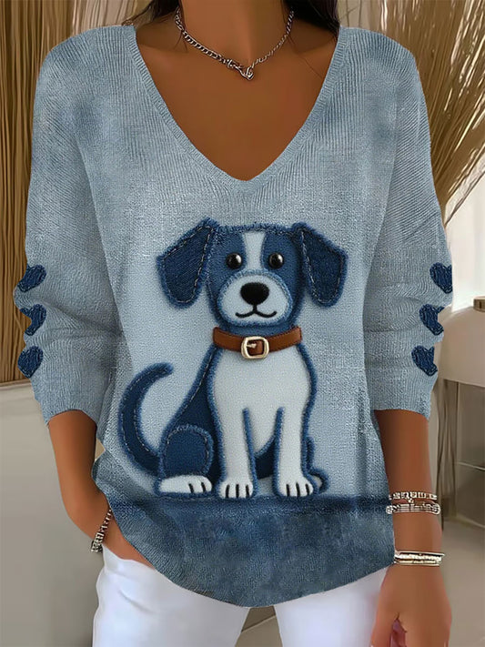 Tops à col en V à imprimé de chiens pour femmes