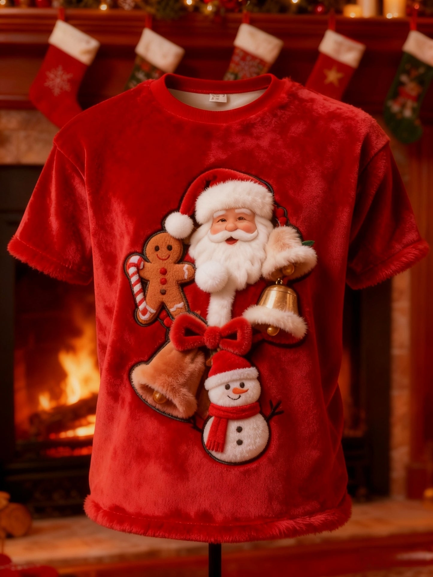 Noël Vintage Santa Claus Imprimer en peluche à manches courtes T-shirt