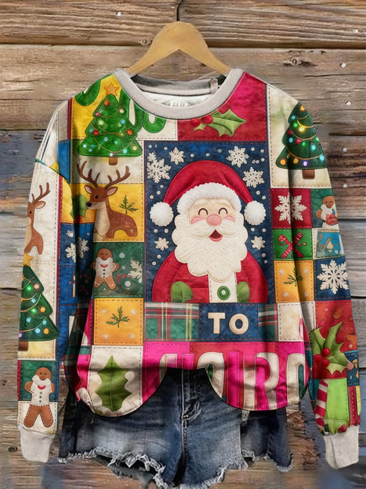 Noël rétro patchwork coloré imprimé ras du cou rétro mode lâche sweat à manches longues