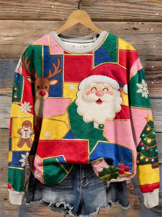 Noël rétro patchwork coloré imprimé ras du cou rétro mode lâche sweat à manches longues