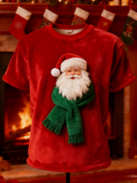 Noël Vintage Santa Claus écharpe impression en peluche T-shirt à manches courtes