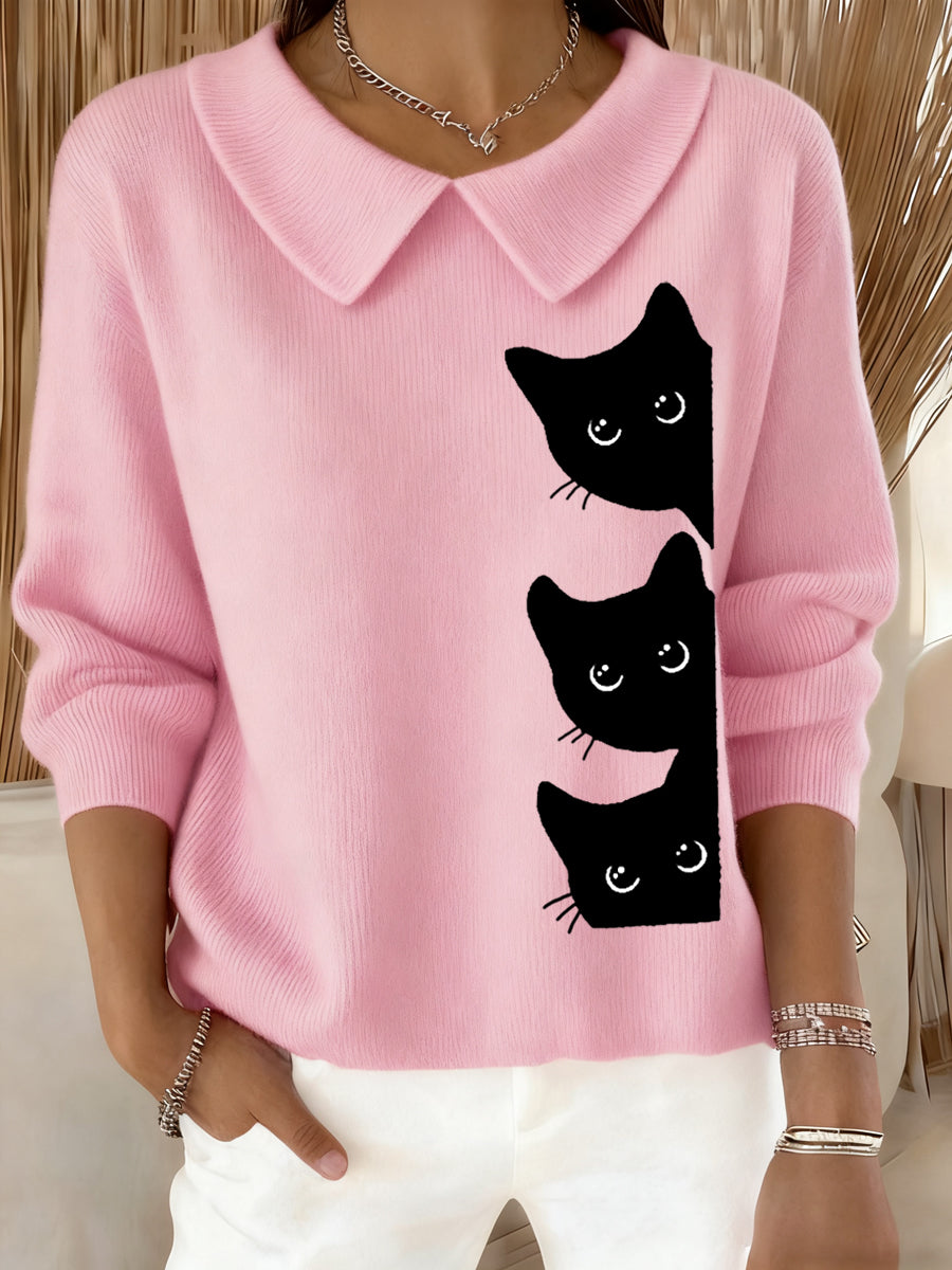 Femmes Funny Cat Print Cat Lovers Casual Baby Doll Collar Top
