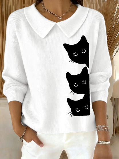 Femmes Funny Cat Print Cat Lovers Casual Baby Doll Collar Top