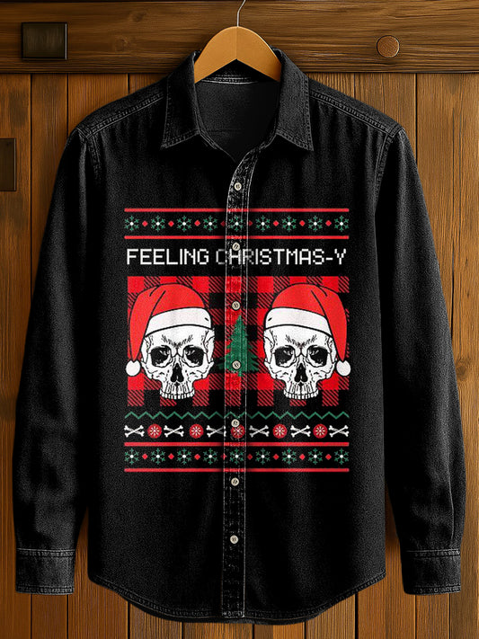 Chemise décontractée à manches longues imprimée gothique de Noël pour hommes