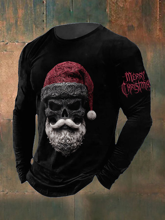 T-shirt col rond à manches longues imprimé gothique père Noël pour hommes