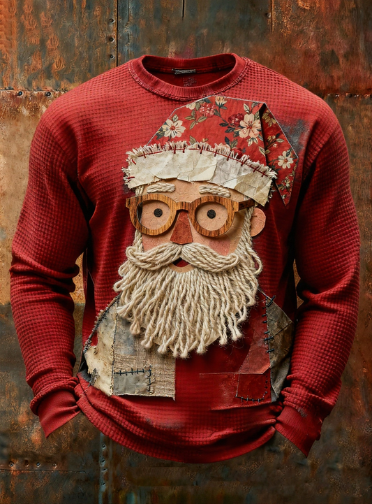 Retro Santa Claus Imprimer Waffle T-shirt à manches longues pour hommes