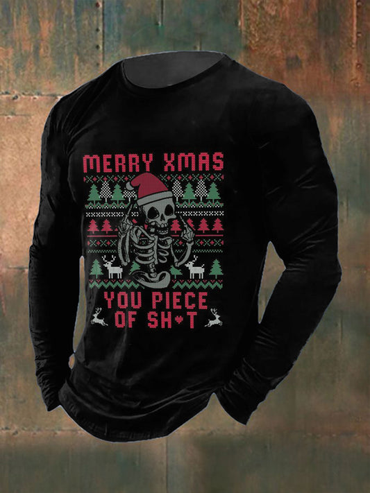 T-shirt à col rond à manches longues imprimé gothique de Noël pour hommes