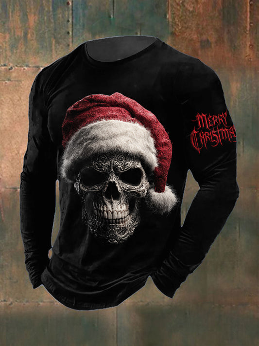 T-shirt col rond à manches longues imprimé gothique père Noël pour hommes