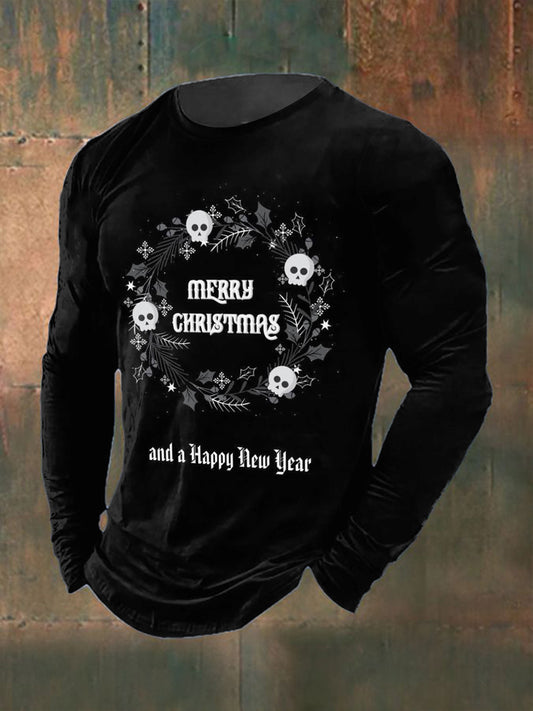 T-shirt à col rond à manches longues imprimé gothique de Noël pour hommes