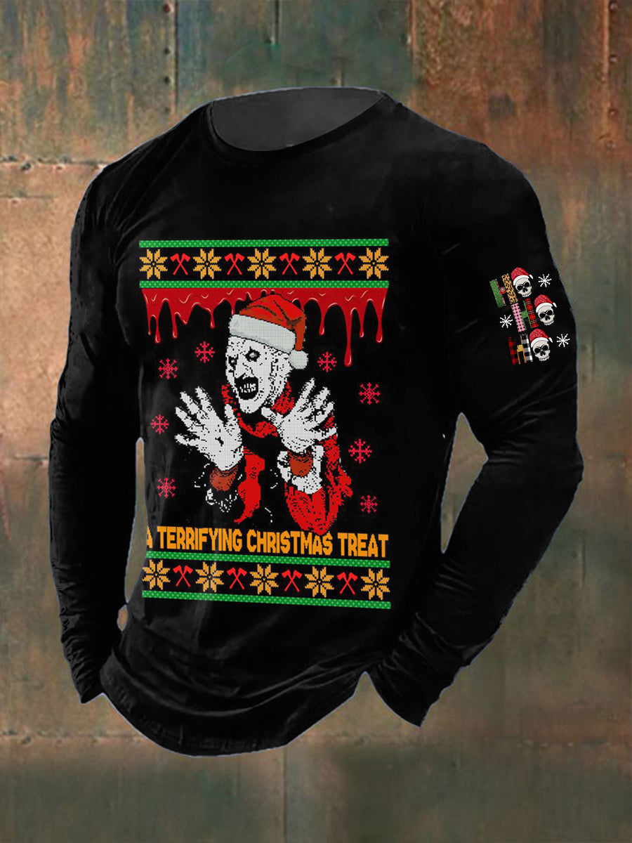 T-shirt à col rond à manches longues imprimé gothique de Noël pour hommes