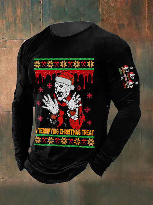 T-shirt à col rond à manches longues imprimé gothique de Noël pour hommes