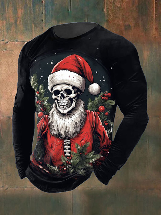 T-shirt à col rond à manches longues imprimé gothique de Noël pour hommes